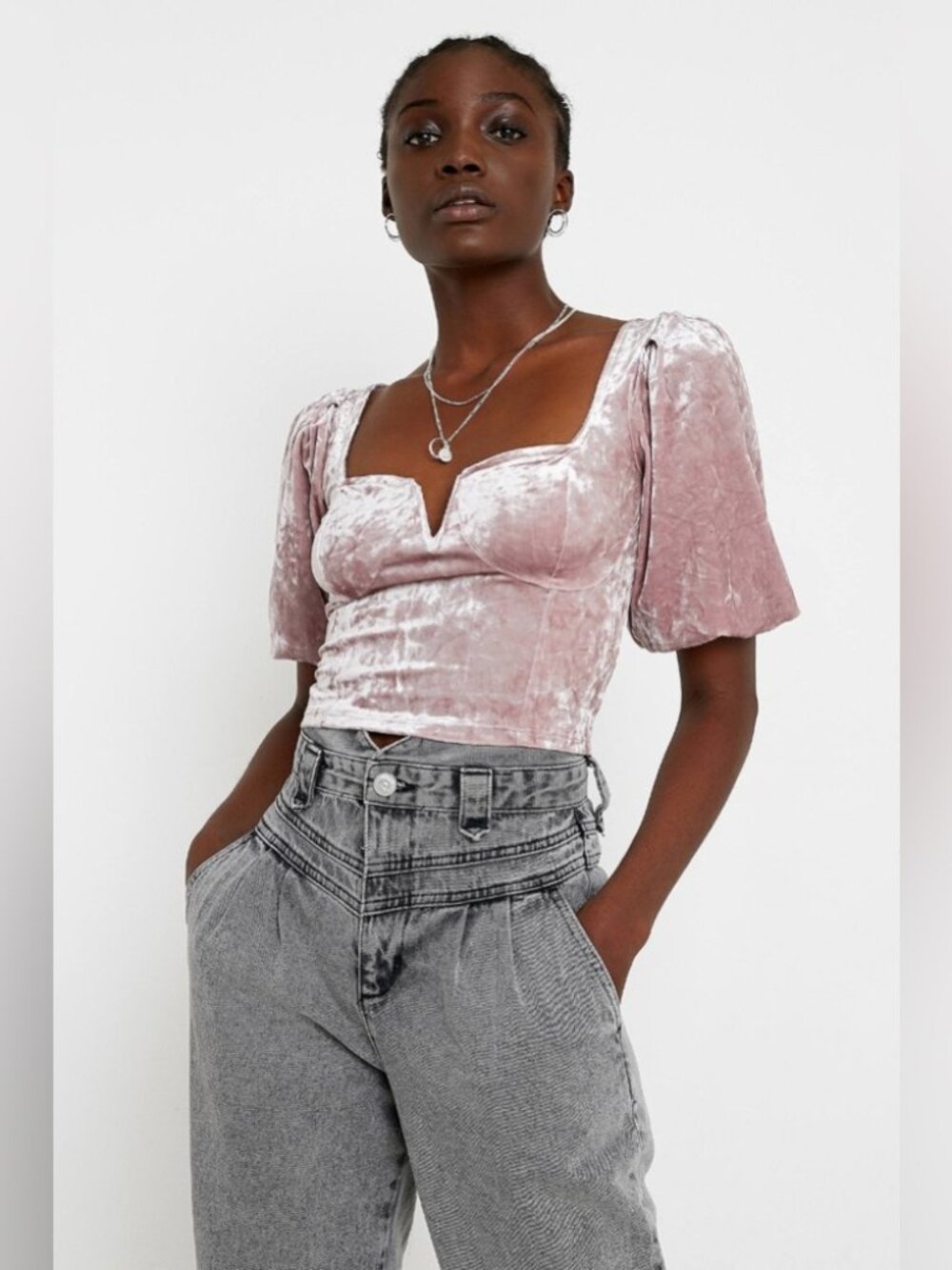 UO Velvet Puff Sleeve Bustier Blouse NWT